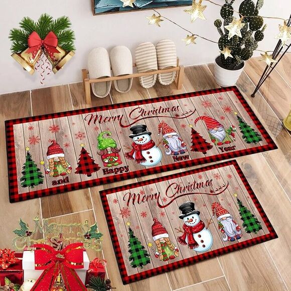 Christmas Kitchen Rugs and Mats Set of 2 Xmas Holiday Christmas Elves - Picture 1 of 8